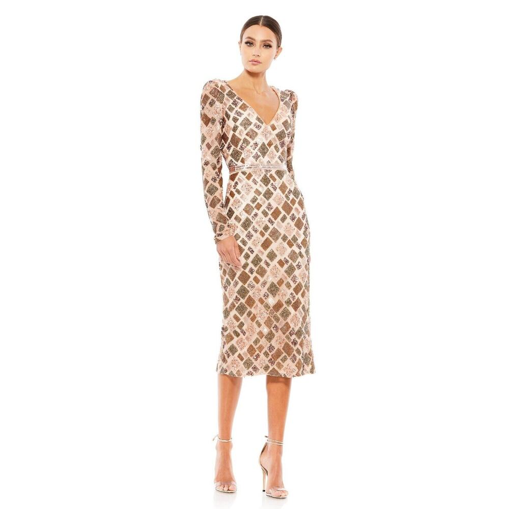 Mac Duggal Geo Embellished Midi Sheath Dress 5472 Beaded Long Sleeve Peach wore